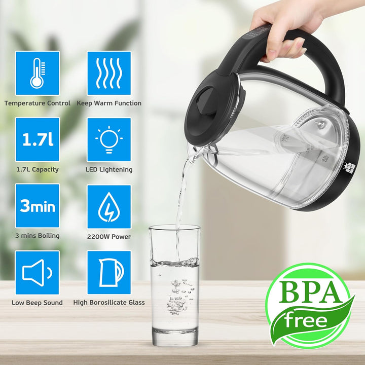 ForMe Glas Wasserkocher 1.7 mit Temperatureinstellung Temperaturwahl 40-100°C Farbwechsel LED Temper