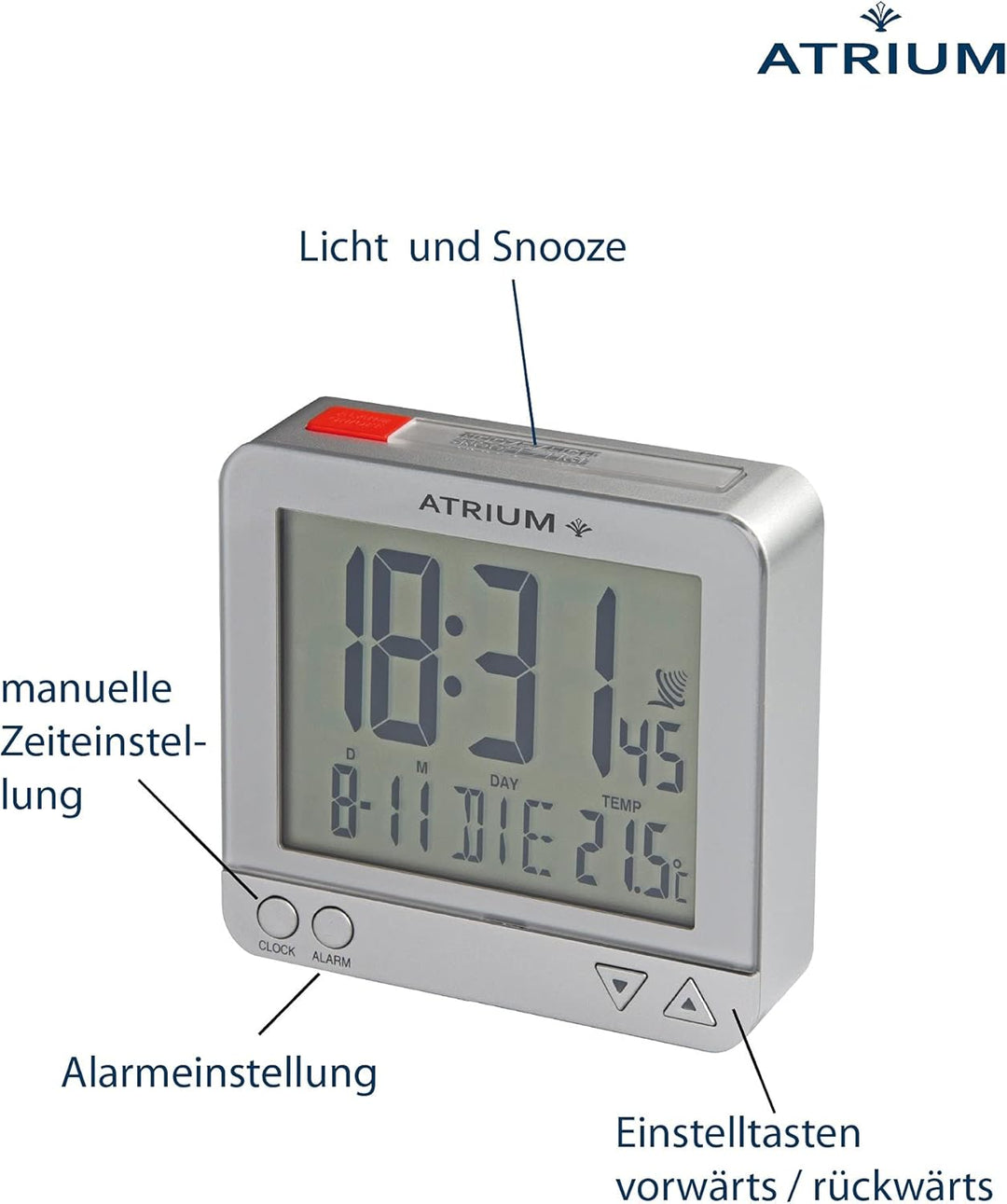 Atrium Funkwecker Reisewecker klein Digital Quarz LCD sensorgesteuertes Nachtlicht Beleuchtung Silbe