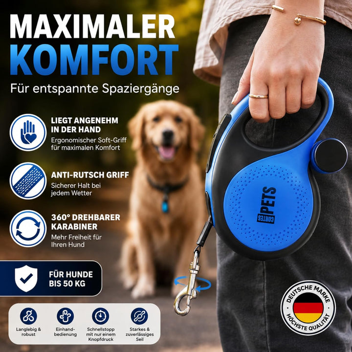CORTESPETS® Rollleine – Hundeleine mit Kotbeutel – Ausziehbar bis zu 5 m – Für grosse und mittelgros