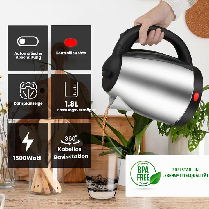 Leyf Edelstahl Wasserkocher 1,8L - 1500W, 360° drehbare Basis, Automatische Abschaltung, Überhitzung