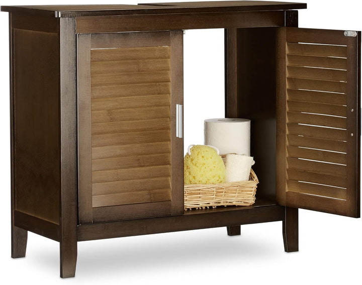 Relaxdays Waschbeckenunterschrank dunkelbraun LAMELL, Badschrank aus Bambus, Waschbeckenschrank, HBT