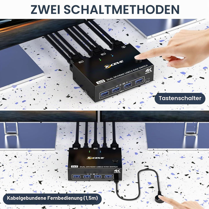 Displayport+HDMI KVM Switch 2 PC 2 Monitore 4K@60Hz, MLEEDA Dual Monitor KVM Switch mit 4 USB 3.0 Po