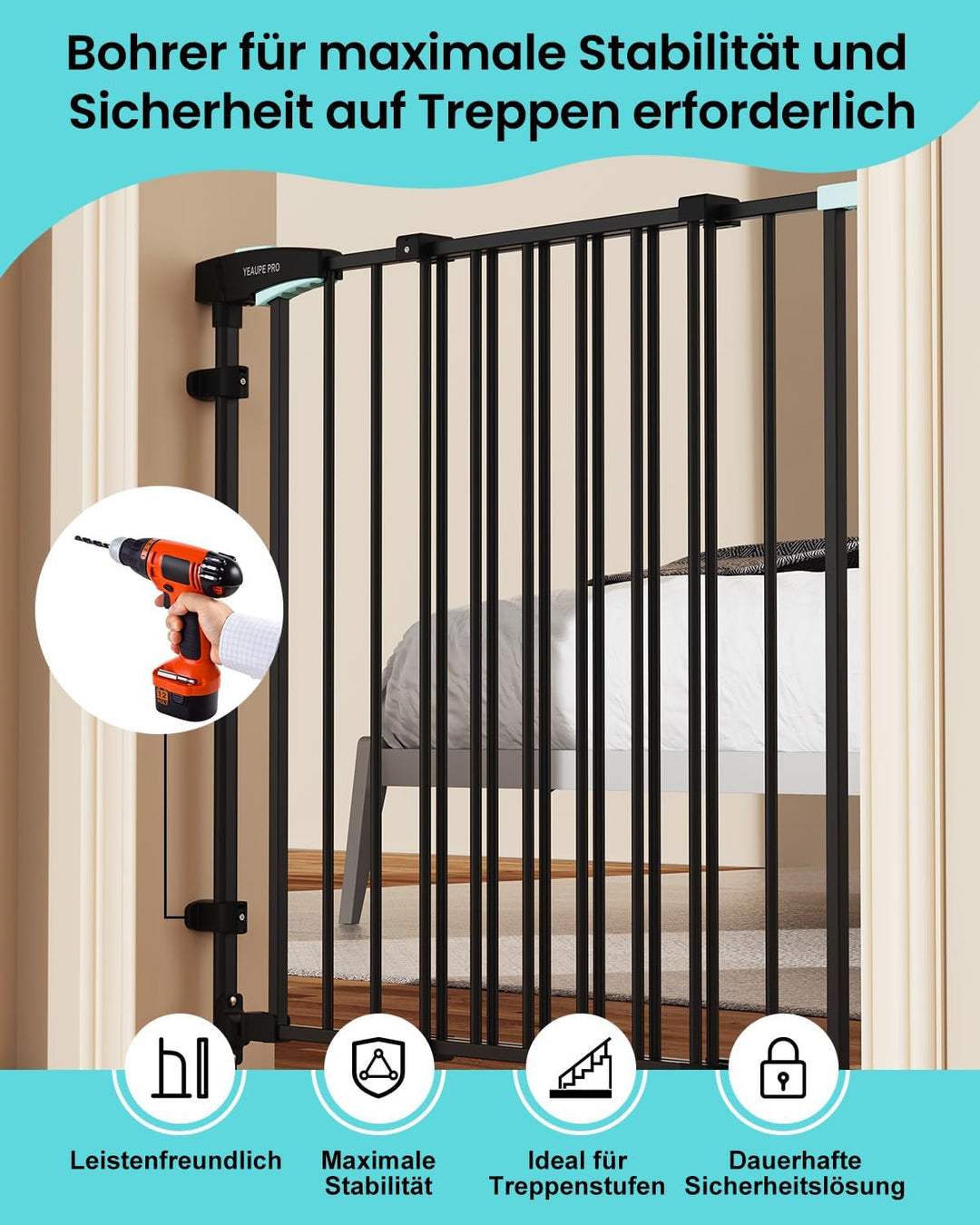 YEAUPE PRO Treppenschutzgitter Zum Bohren, für Breiten 75-110 cm | Türschutzgitter, Kinderschutzgitt