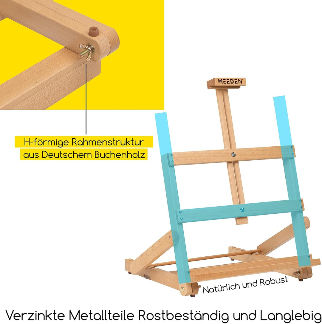MEEDEN H-förmige Tischstaffelei Holz, Verstellbare Staffelei Tisch aus deutsche Buchenholz, Faltbare