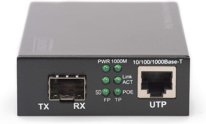 DIGITUS Medienkonverter - SFP Port - Gbit Ethernet - RJ45 / SFP 1000Base-LX - Mit PoE-Injektor - Sch