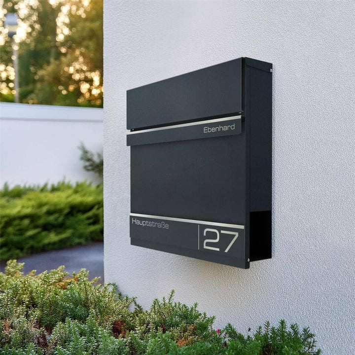 Metzler Briefkasten Anthrazit RAL7016 mit Zeitungsfach - Personalisiert Laser Gravur - Postkasten mi
