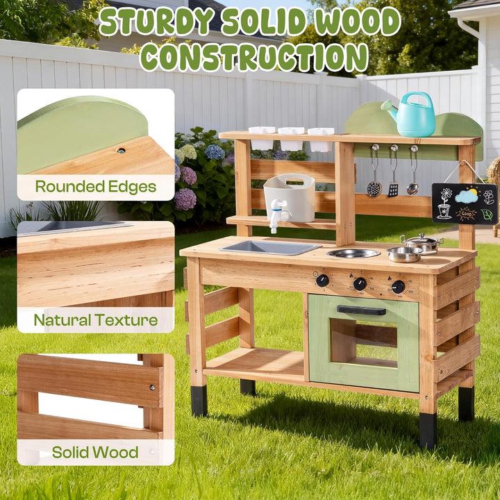 ROBUD Matschküche Kinder Outdoor, Spielküche Holz mit Echtem Wasserhahn, Wasserkocher, Pflanzgefäss,
