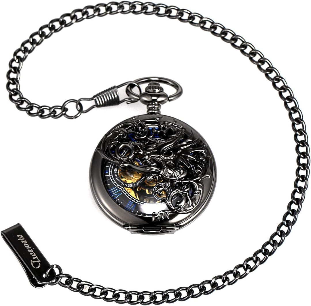 TREEWETO Unisex Taschenuhr mit Kette Analog Handaufzug Doppelscharnier Antik Drache Skelett Bronze 3