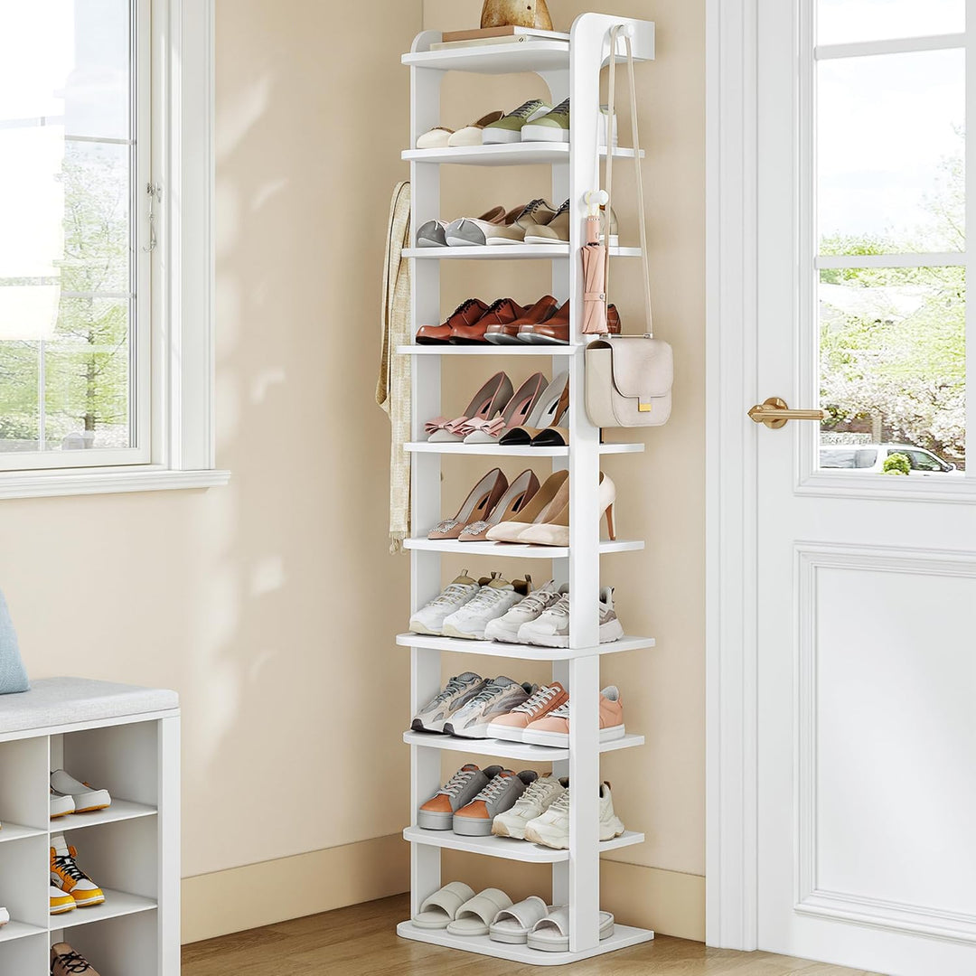 Hzuaneri Schuhregal, Schuhablage mit 10 Ebenen, Holz-Schuh-Organizer mit Haken, Verstellbar, Platzsp
