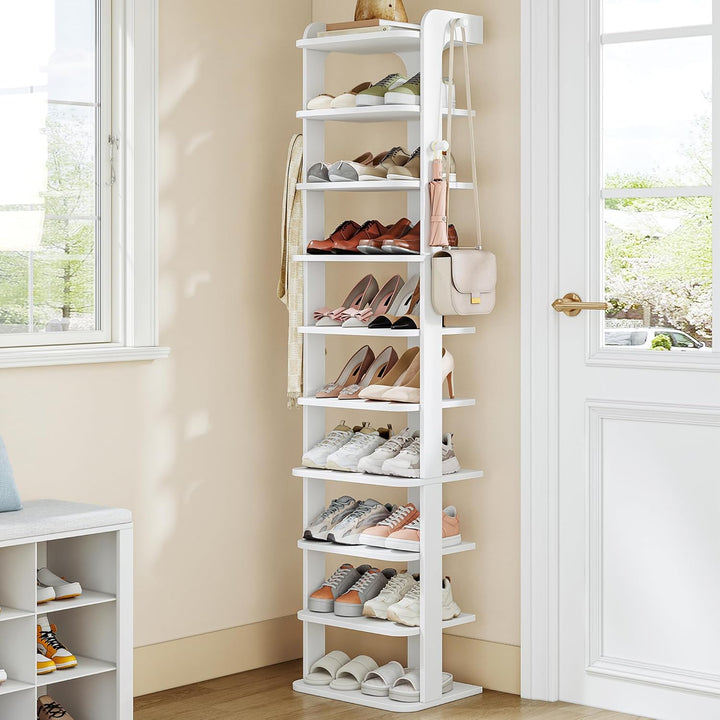 Hzuaneri Schuhregal, Schuhablage mit 10 Ebenen, Holz-Schuh-Organizer mit Haken, Verstellbar, Platzsp