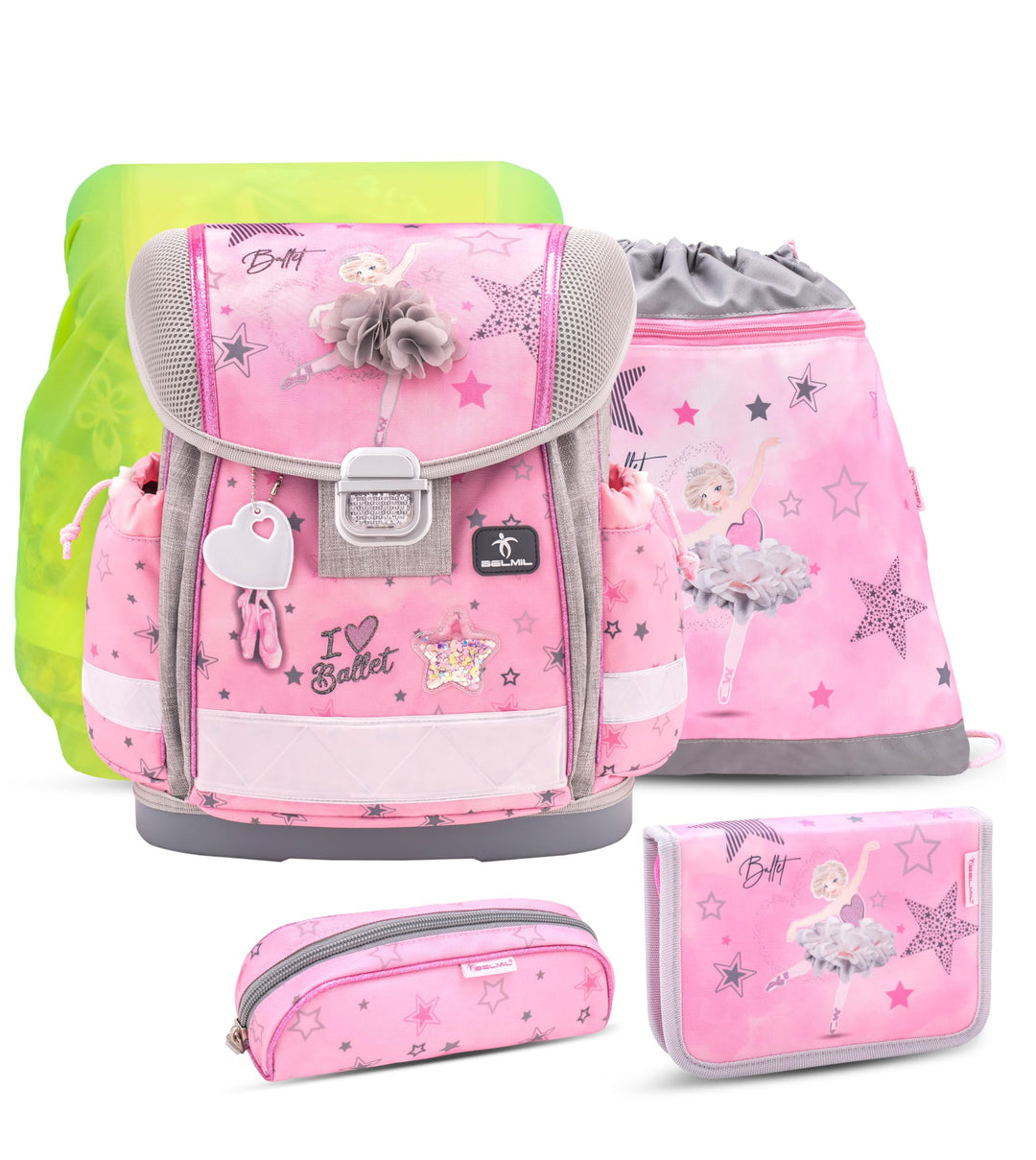 Belmil Schulranzen Set 403-13/AG/S/R 5 - teilig ergonomischer Schulranzen Set mit Regenschutz 1. kla