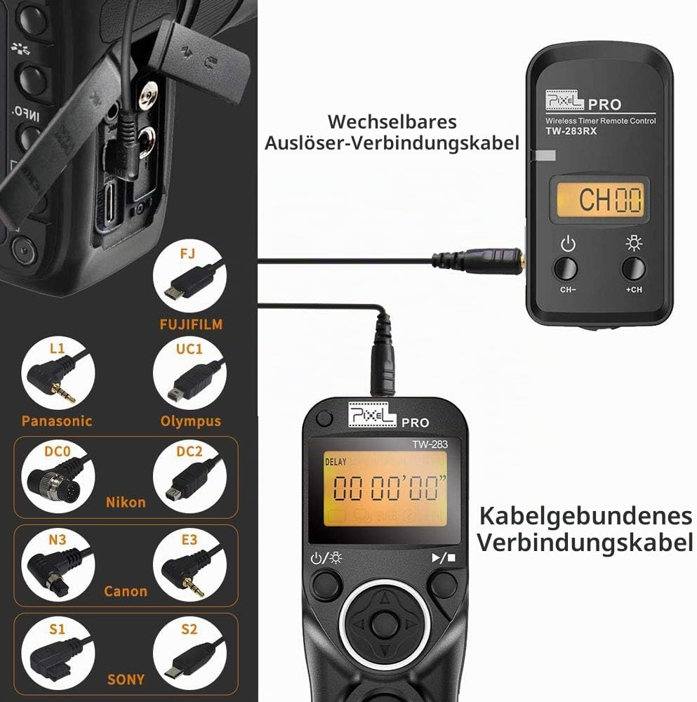 Fernauslöser Kompatibel für Nikon, PIXEL TW-283 DC2 Funk Fernauslöser Kabellos Drahtauslöser Timer F