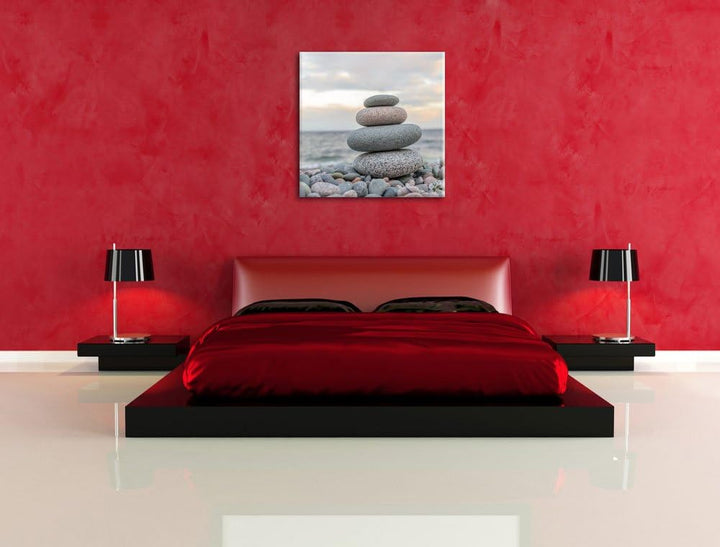 Steinturm am Strand, Format: 70x70 auf Leinwand, XXL riesige Bilder fertig gerahmt mit Keilrahmen, K