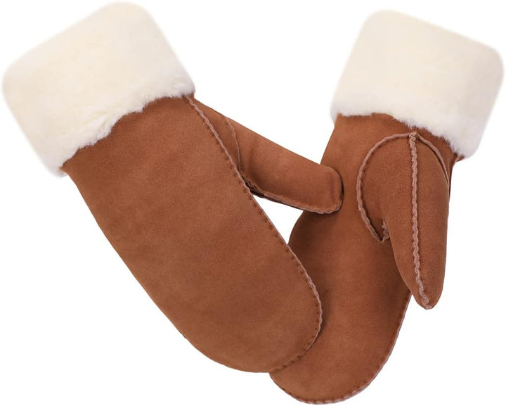 Damen Fäustlinge,Winter Schaffell Lammfell beheizte warme pelzige Stulpenhandschuhe Lederhandschuhe