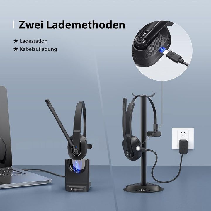 EKSA H5 Bluetooth PC Headset mit Mikrofon & USB Dongle [45 Stdn Spielzeit & 10M Reichweite] Mono mit