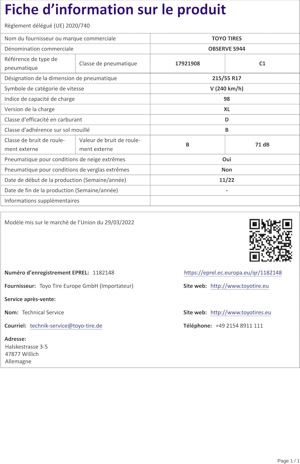 TOYO 215/55 R17 TL 98V OBSERVE S944 XL BSW M+S 3PMSF Winterreifen