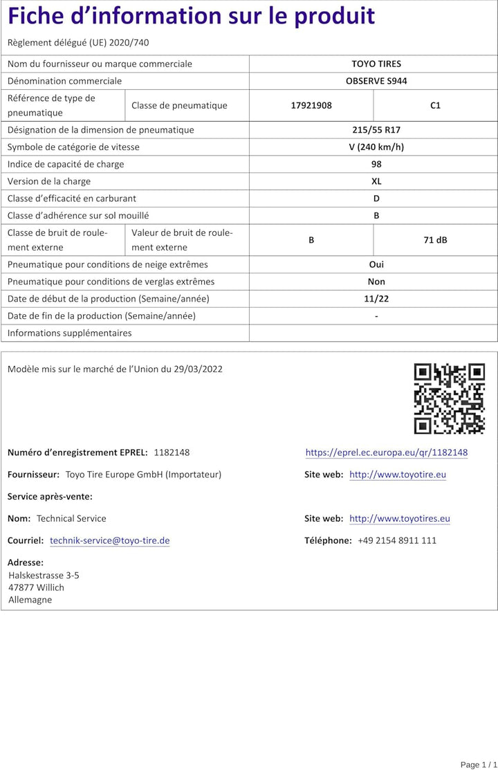 TOYO 215/55 R17 TL 98V OBSERVE S944 XL BSW M+S 3PMSF Winterreifen
