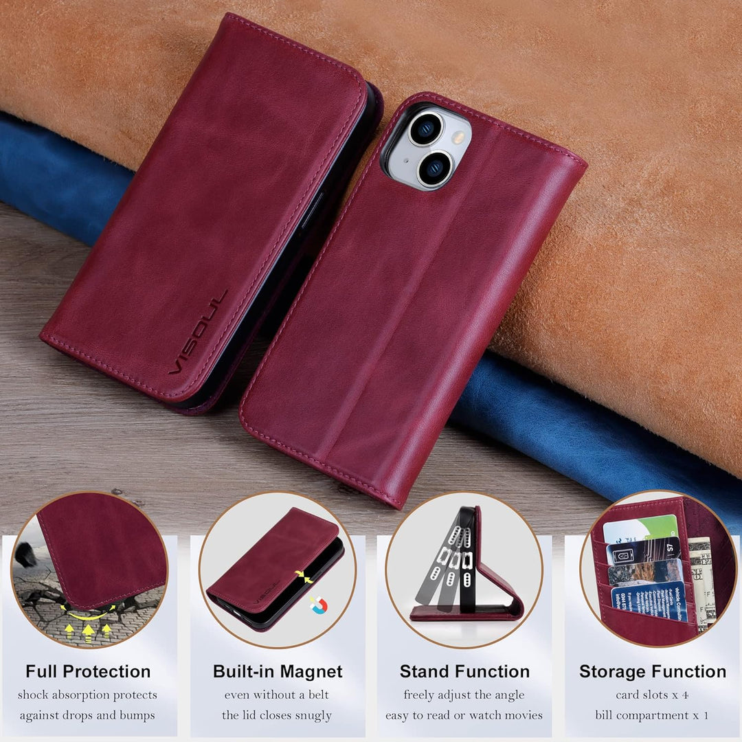 VISOUL iPhone 14 Plus Hülle, Stossfeste Handyhülle [Erstklassiges Rindsleder], TPU Schutzhülle [Kart