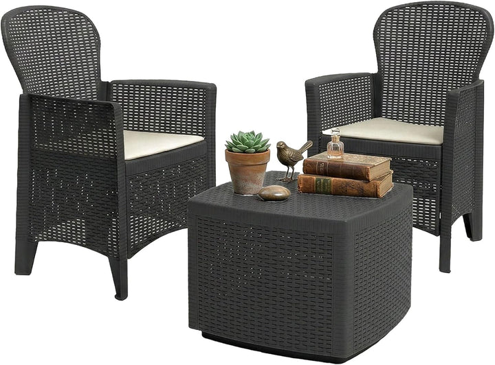 Dmora Gartenset mit Kissen, 2 Sesseln und 1 Outdoor-Container-Tisch, Made in Italy, Farbe Anthrazit