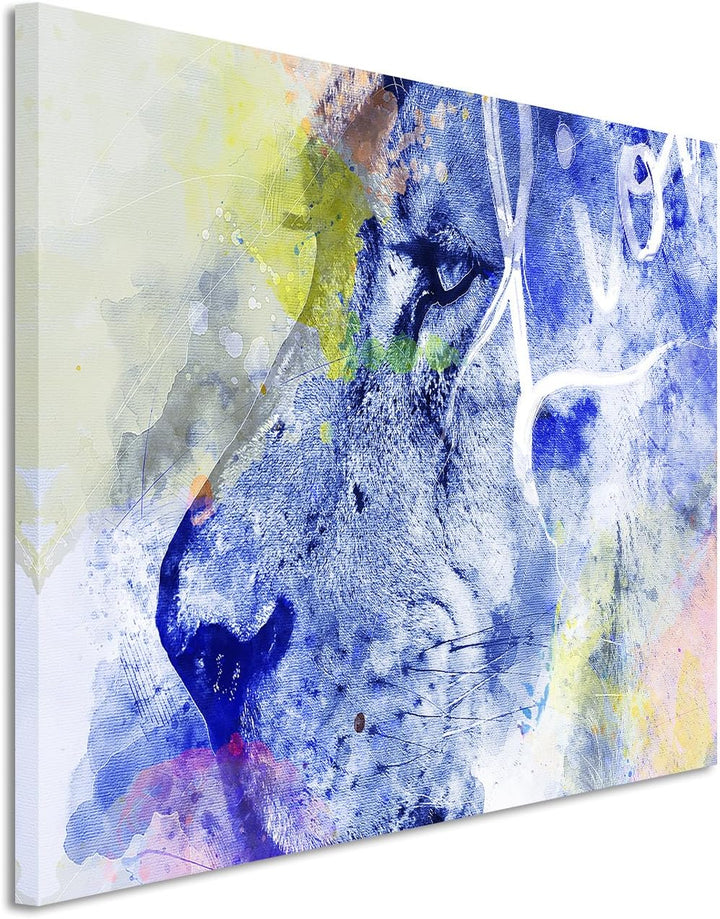 Paul Sinus Art Bild Leinwand 120x80cm Wilder Löwe in Blautönen mit Kalligraphie, 120x80cm