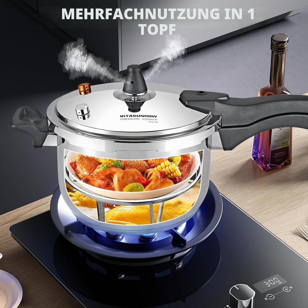 Schnellkochtopf aus Edelstahl, Induktionskompatibel, gleichmässige Wärmeverteilung, für Schnellkocht