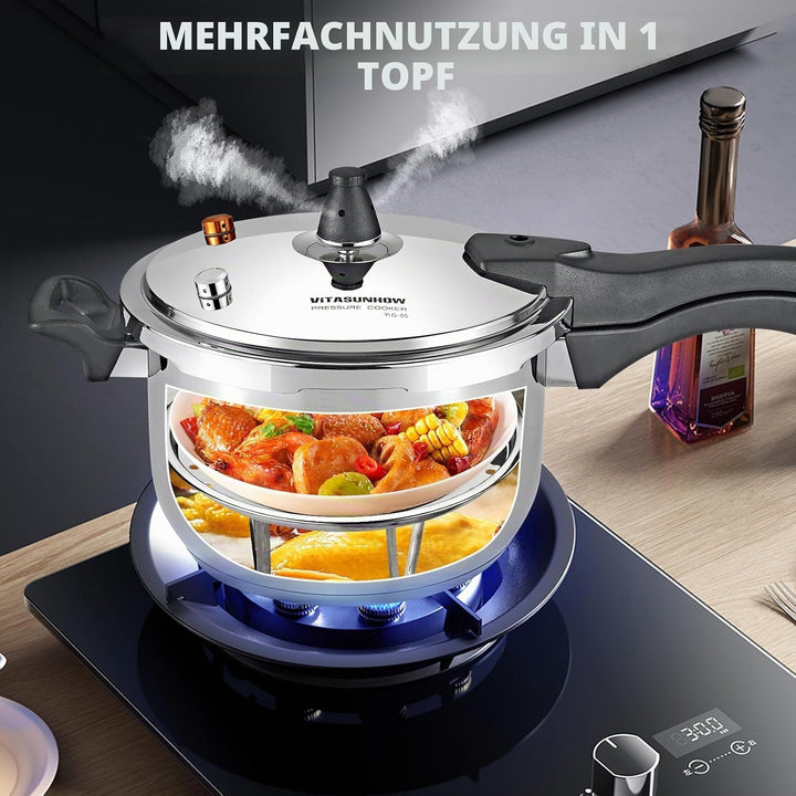 Schnellkochtopf aus Edelstahl, Induktionskompatibel, gleichmässige Wärmeverteilung, für Schnellkocht