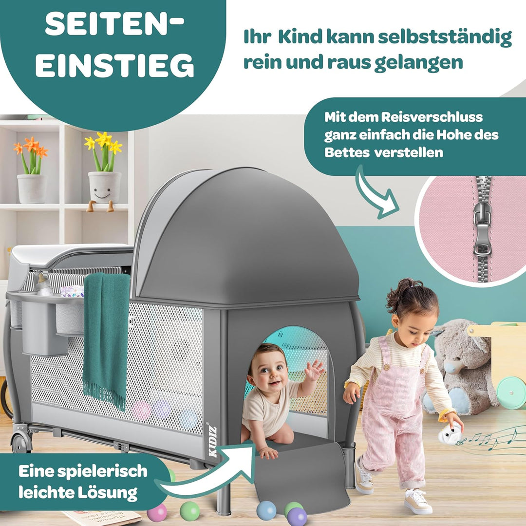 Kidiz® Babybett Reisebett Kinderreisebett klappbar mit Matratze & Räder 120x60, Seiteneingang, Wicke