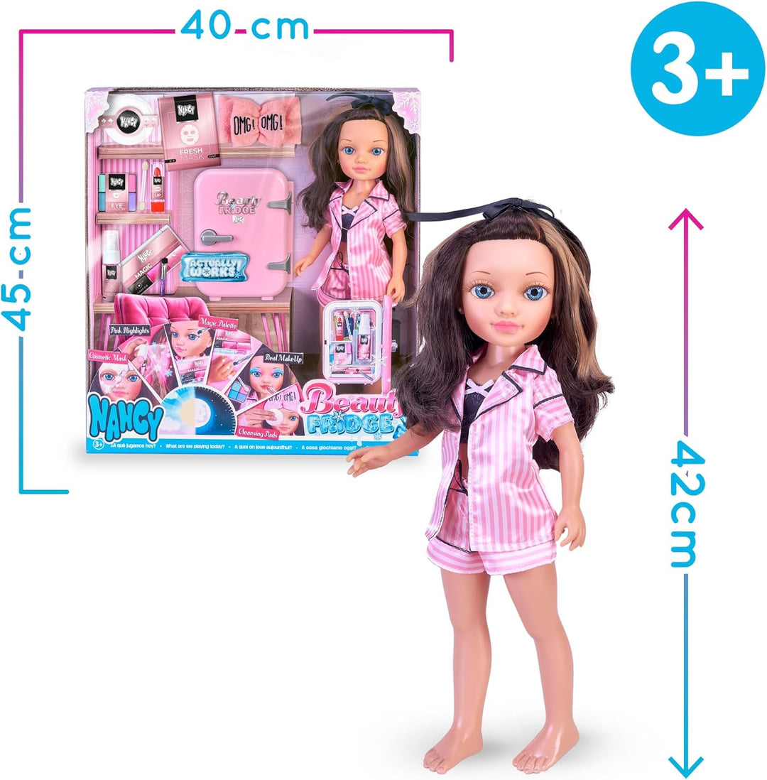 Nancy Beauty Fridge, Puppe, vorbereitet für eine Schönheitsroutine, Make-up-Zubehör mit Kühlschrank,