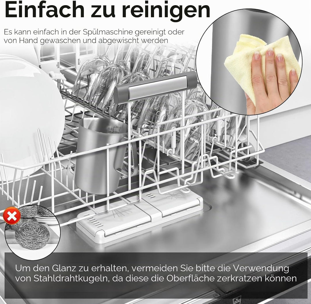 1000ml Milchkännchen mit Feiner Graduierung Deckel Messbecher Edelstahl Milk Pitcher Milchkanne Edel