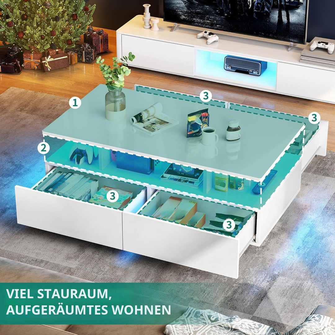 YITAHOME Couchtisch Weiss, Wohnzimmertisch Hochglanz mit 16-Farbiger LED Beleuchtung Modern, Beistel