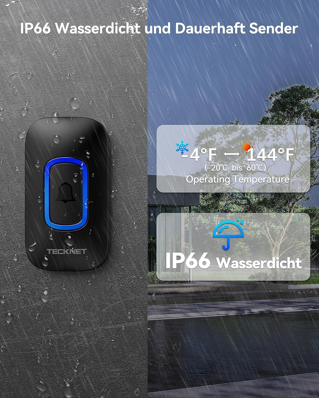 TECKNET Funkklingel, Kabellose Türklingel Batteriebetrieben mit RGB Licht, 60 Melodien, IP66 Wasserd
