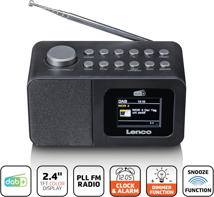 Lenco CR-625BK Radiowecker mit DAB+/FM, 2,4" Farbdisplay dimmbar, Doppelalarm, Sleeptimer, Schlummer