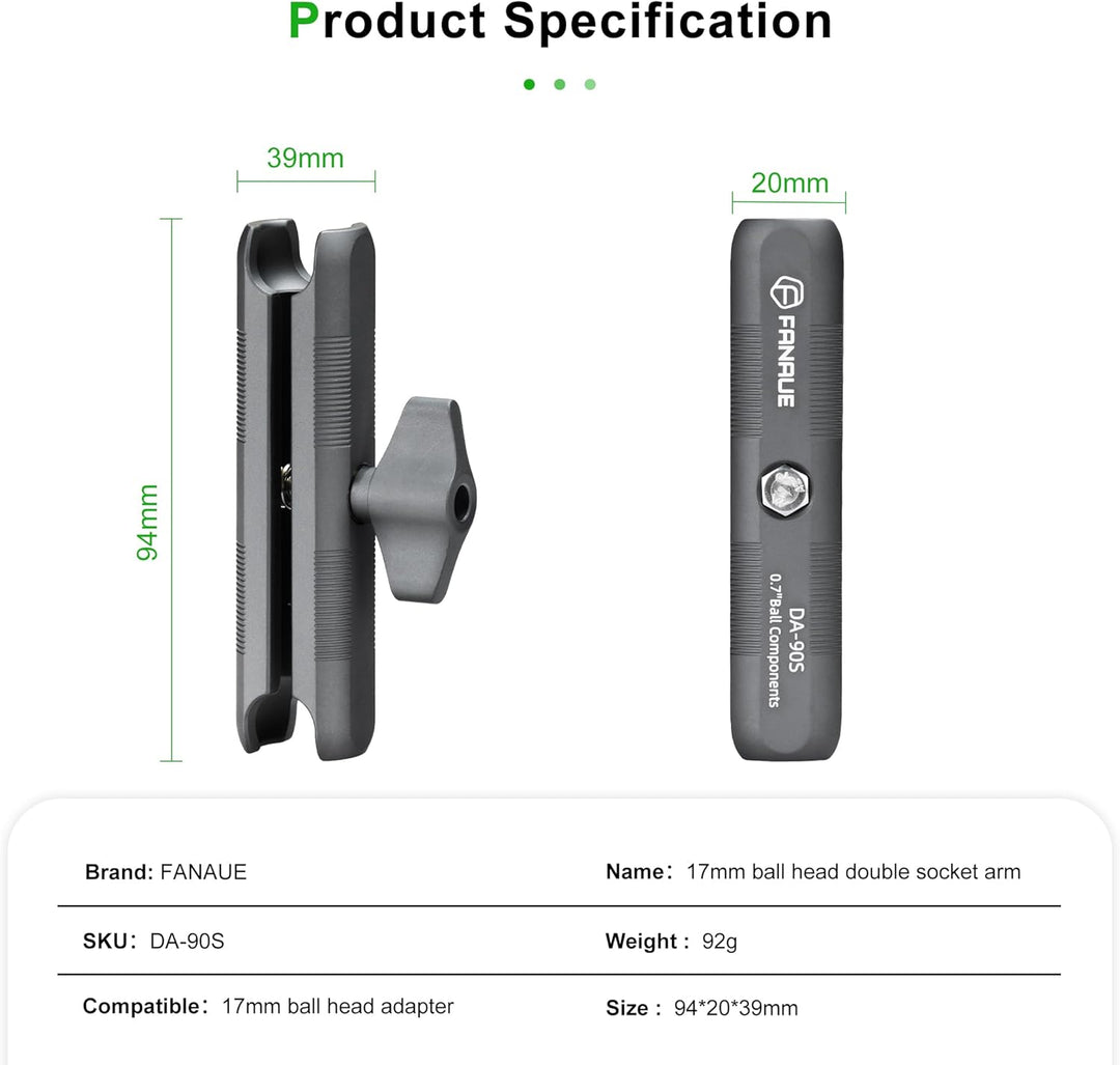 FANAUE Aluminium-Kugelkopf-Doppelbuchsenarm mit 17-mm-Kugelkopf-Adapter, kompatibel mit RAM-Halterun