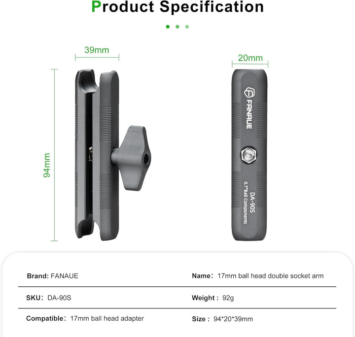FANAUE Aluminium-Kugelkopf-Doppelbuchsenarm mit 17-mm-Kugelkopf-Adapter, kompatibel mit RAM-Halterun