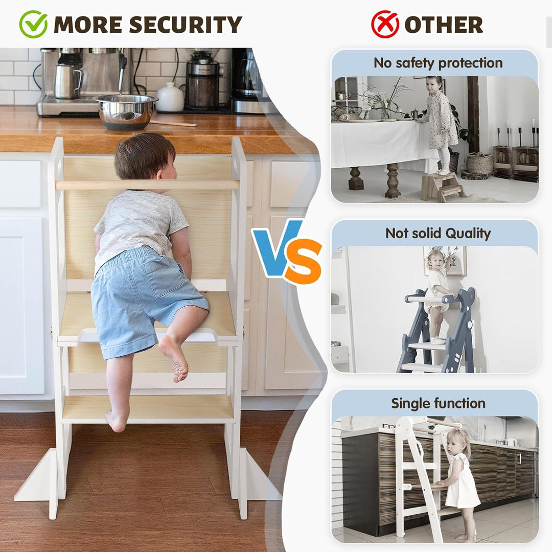 Labebe Lernturm ab 1 Jahr, Montessori Learning Tower mit Tafel, 3 in 1 Multifunktion Lernturm Klappb