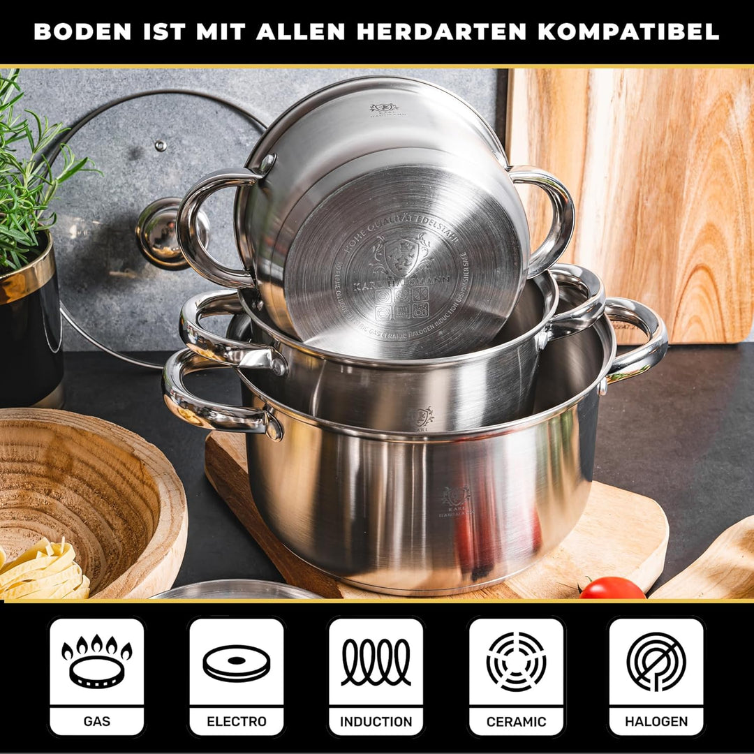 Topfset Induktion 5-teilig, Kochtopf Set mit Glasdeckel, Edelstahl mattiert, Induktions Töpfe Set un