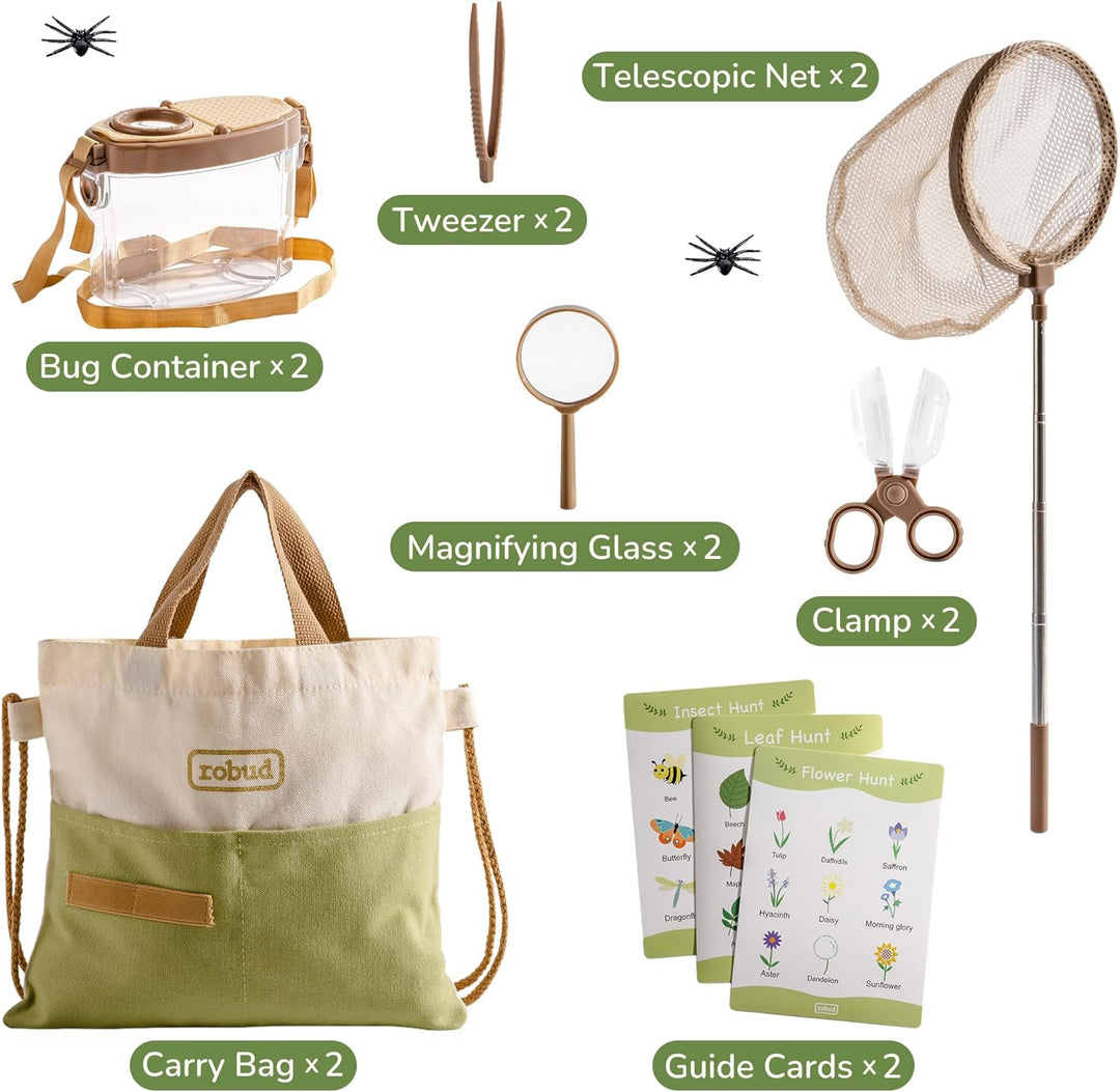 ROBUD Kids Outdoor Explorer Kit, Käferfang-Abenteuer-Sets mit Schmetterlingsnetzen, Lupen, Käferbehä