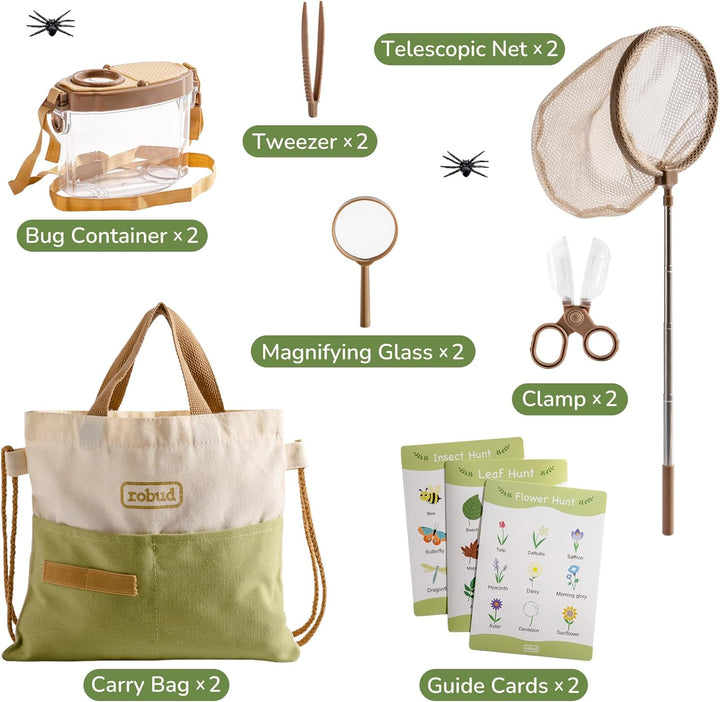 ROBUD Kids Outdoor Explorer Kit, Käferfang-Abenteuer-Sets mit Schmetterlingsnetzen, Lupen, Käferbehä