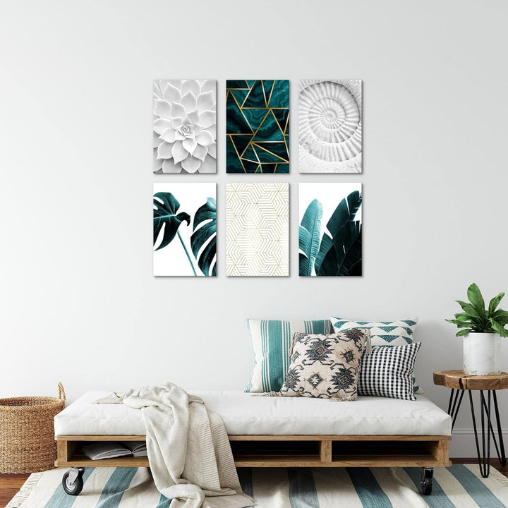 Novart Wandbilder Set - KOMPLETT AUFHÄNGFERTIG - Made in Germany - Moderne Bilder Grün Blätter Wohnz