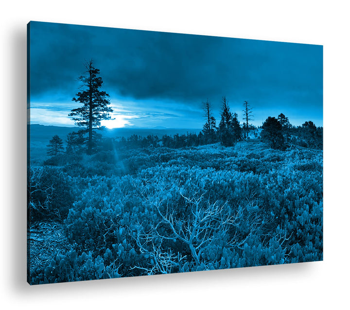 deyoli bezauberte Landschaft bei Sonnenaufgang Format: 100x70 Effekt: Monocrome Blau als Leinwand, M