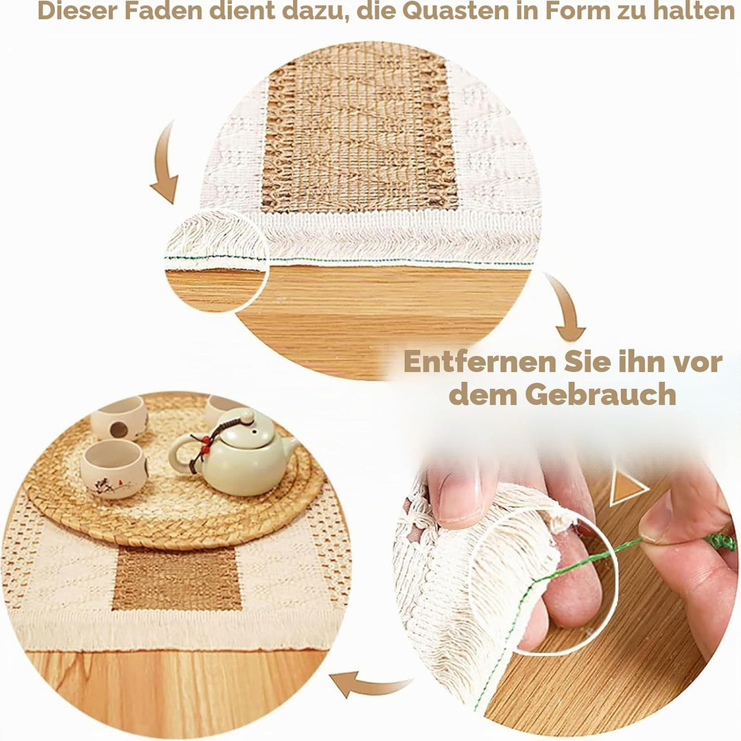 Zology Handgefertigtes Boho-Tischsets, 6er-Set, natürliche Baumwolle, Jute und Wasserstroh, gewebte