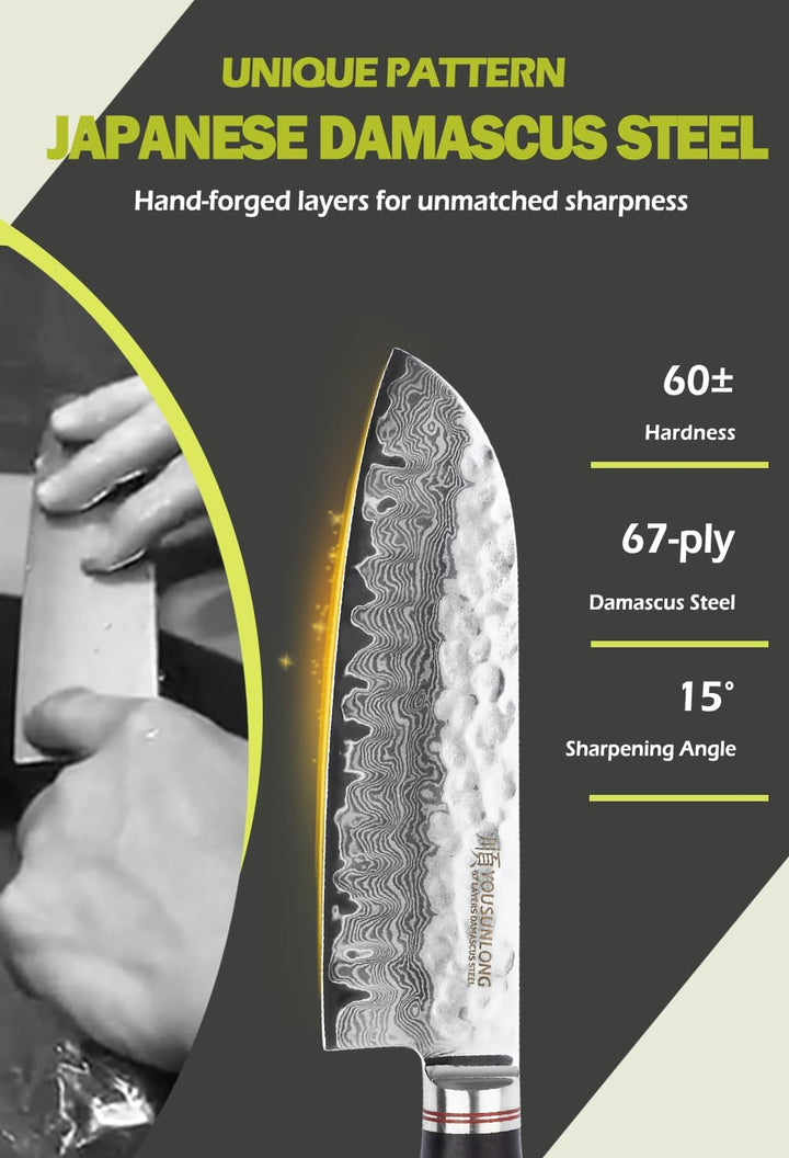 YOUSUNLONG Santoku Messer 7 Zoll (17.8cm) Kochmesser Japanischer gehämmerter Damaststahl Holzgriff a