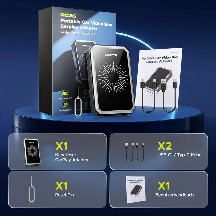 LAMTTO Wireless CarPlay Adapter AI Box mit Google Play App-Download & Gemini AI für CarPlay & Androi