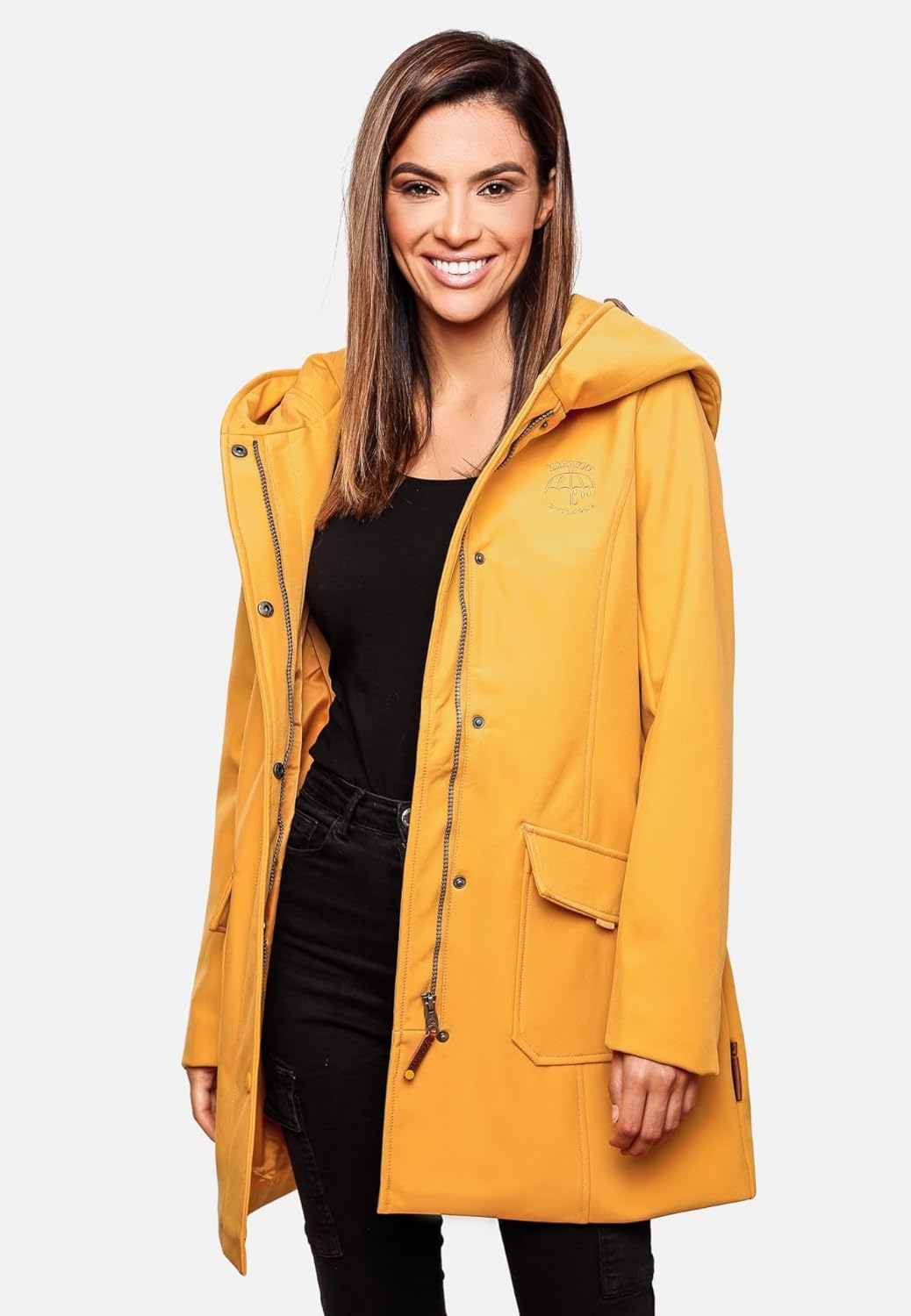 MARIKOO Damen Softshell Jacke Winterjacke wasserabweisend Outdoor lang B856 XS Amber Yellow, S