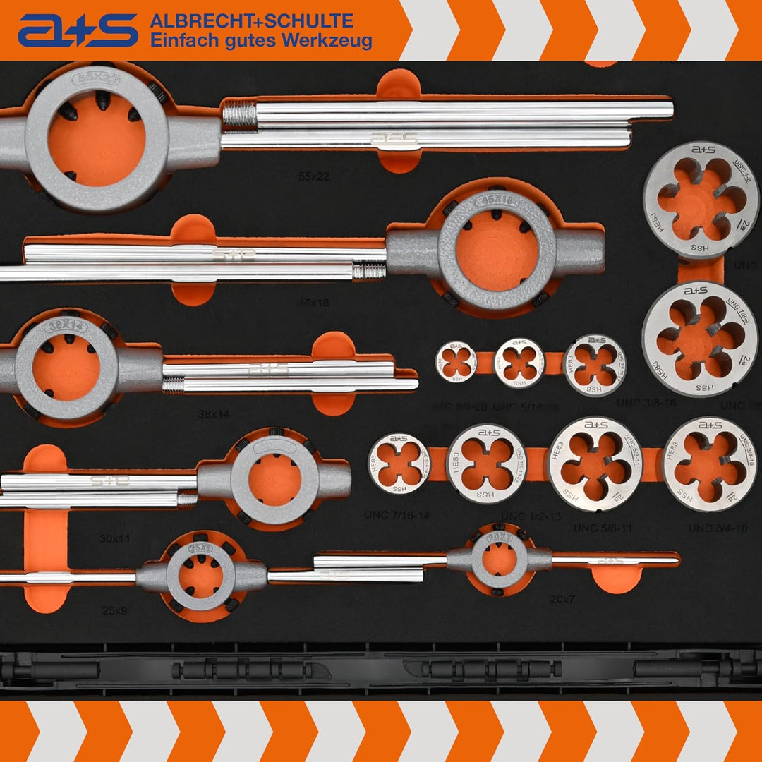 a+s UNC Gewindeschneider Set Zoll | HSS-G, 1/4''–1'', 46-teilig | Gewindebohrer, Schneideisen, Verst