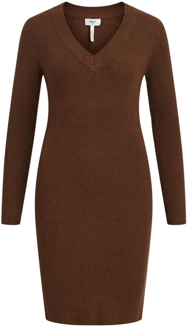 Object Female Strickkleid V-Ausschnitt XS Dark Earth, XS Dark Earth
