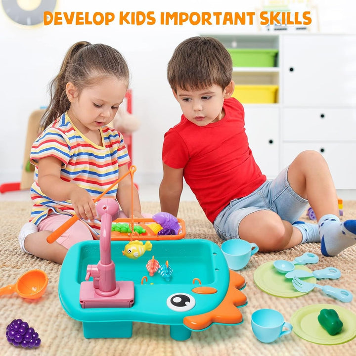 Küchenspüle Spielzeug Set mit Angelspiel, Wasserkreislauf Fliessendes Wasser Spülmaschine, Küchenute