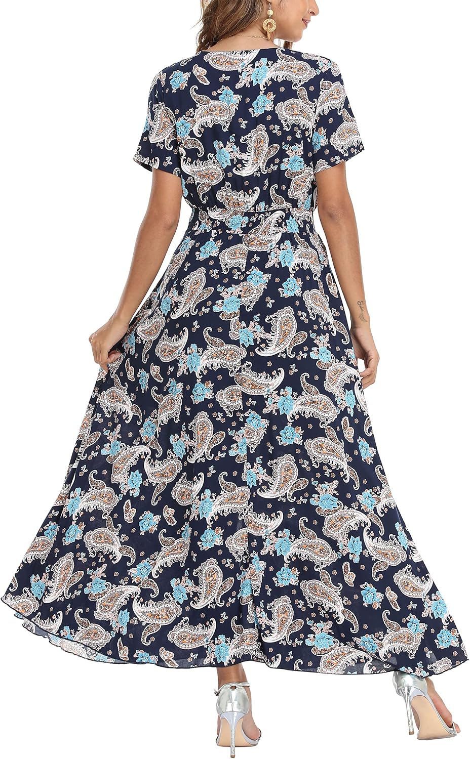 VOGMATE Damen Lange Split Knopf Up Sommer Maxikleid Floral Strandwear Holidy Kleid Hohe Taille mit k