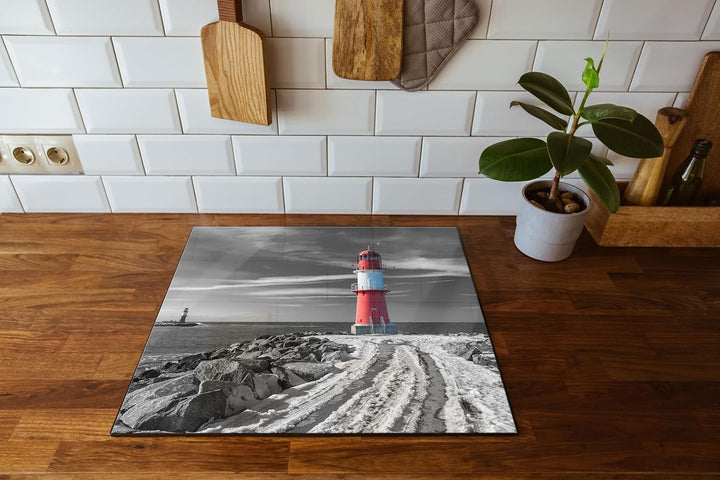 Molentürme in Warnemünde im Winter B&W Detail Herdabdeckplatte & Spritzschutz aus Echtglas | Für Her