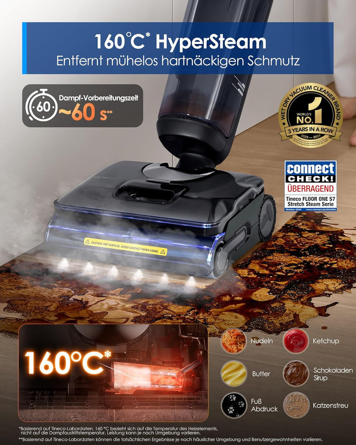 Tineco FLOOR ONE S7 Stretch Steam Nass Trockensauger 160 °C HyperSteam Dampfreiniger, 80 Min Laufzei